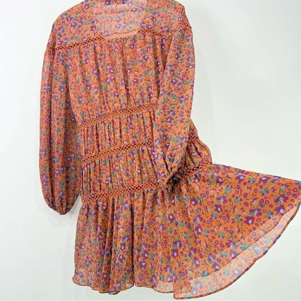 Rebecca Minkoff CADEN Dark Orange Magenta Floral Boho Chic Tiered Peasant Dress - Picture 11 of 16